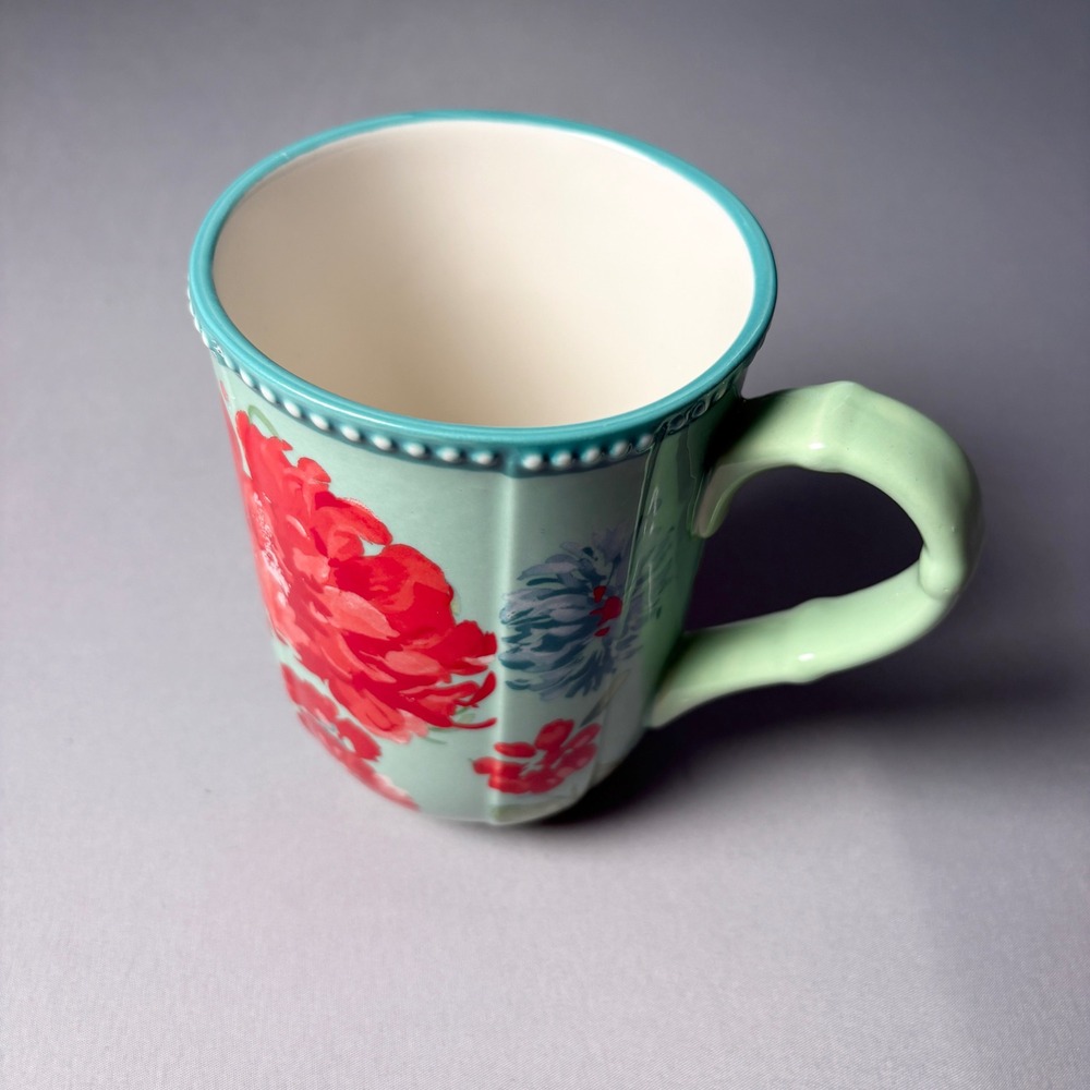 The Pioneer Woman Mint Green Red Peony Floral Stoneware Coffee Mug Beaded Rim